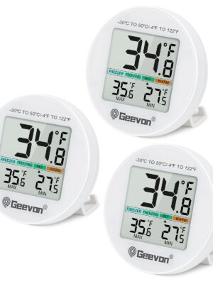 Geevon Small Digital Refrigerator Thermometer 3 Pack, IP65 Waterproof Max/Min Record Function with LCD Screen, Stand and Magnetic Back, for Fridge, Freezer Scenarios(Battery Included)