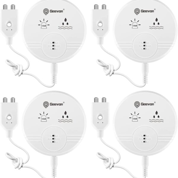 Geevon 4 Pack Water Leak Detectors for Home, 135dB Water Leak Sensor Flood Detection Water Alarms for Basements, Bathrooms, Kitchens, Garages, and Attics, Battery-Operated (Battery Included)