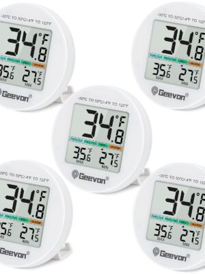Geevon Small Digital Refrigerator Thermometer 5 Pack, IP65 Waterproof Max/Min Record Function with LCD Screen, Stand and Magnetic Back, for Fridge, Freezer Scenarios(Battery Included)